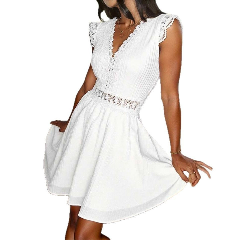 Hollow Out V-neck Waist Trimming Short-sleeved Leisure Dress